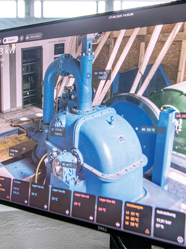 Blaues Wasserkraftwerk mit digitalen Messwerten auf einem Bildschirm in einem Raum mit Holzbalken.