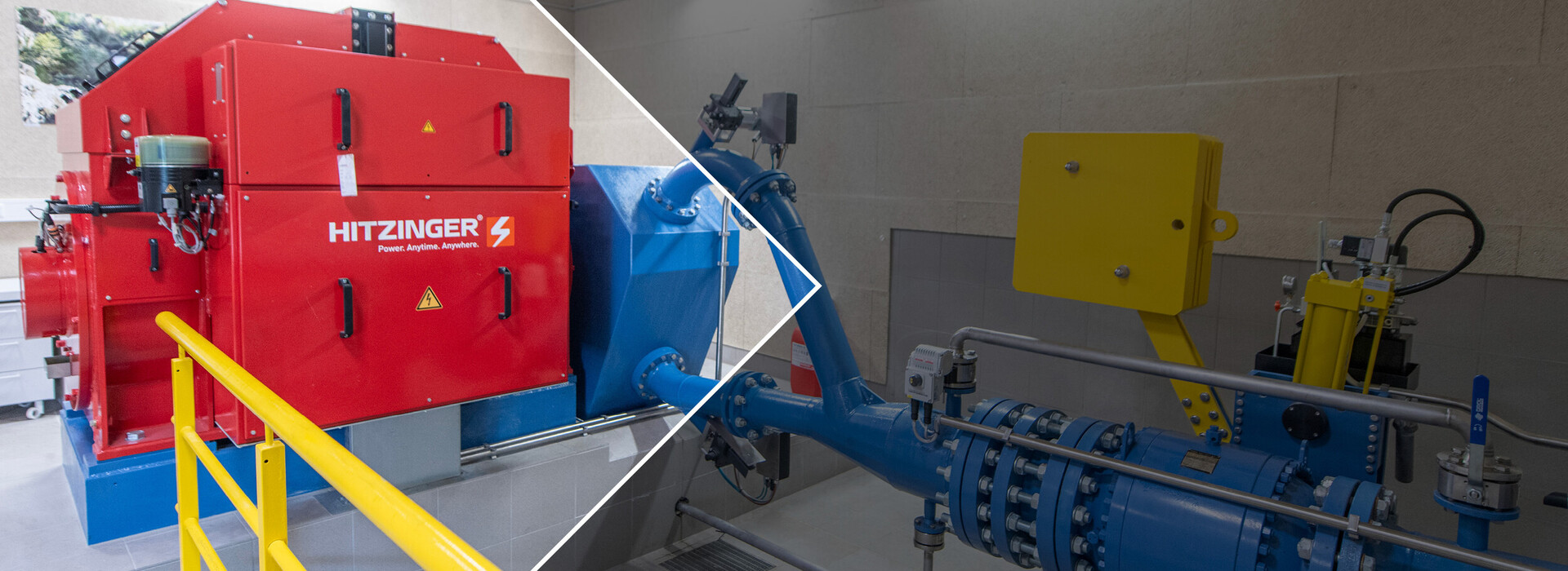Hydroelectric power plant with a red engine and blue piping in a room with grey walls.