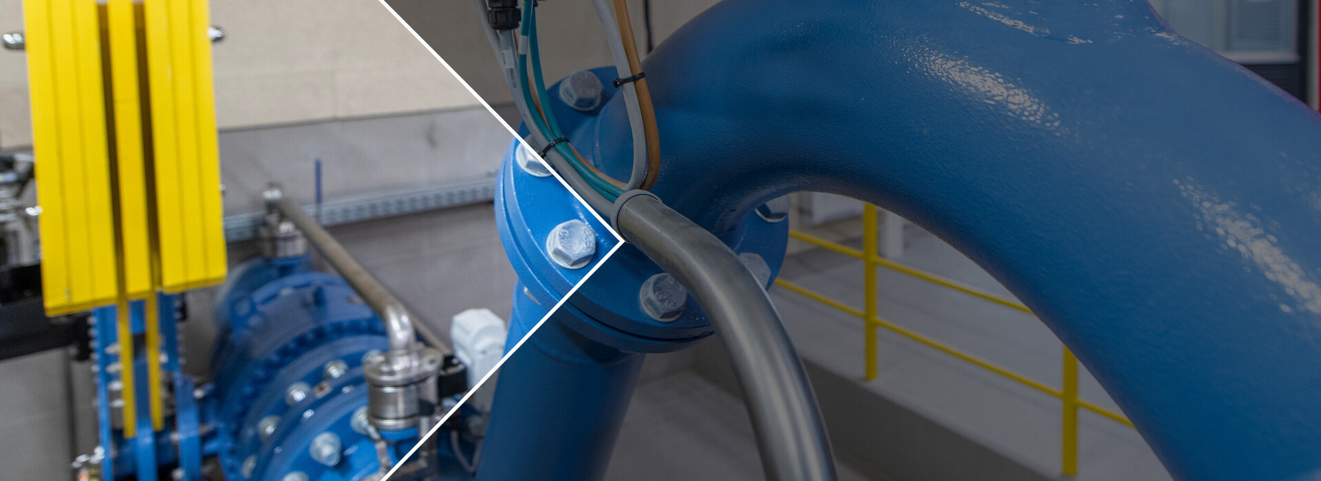 Nahaufnahme einer blauen Turbine mit gelben Schutzvorrichtungen im Hintergrund.